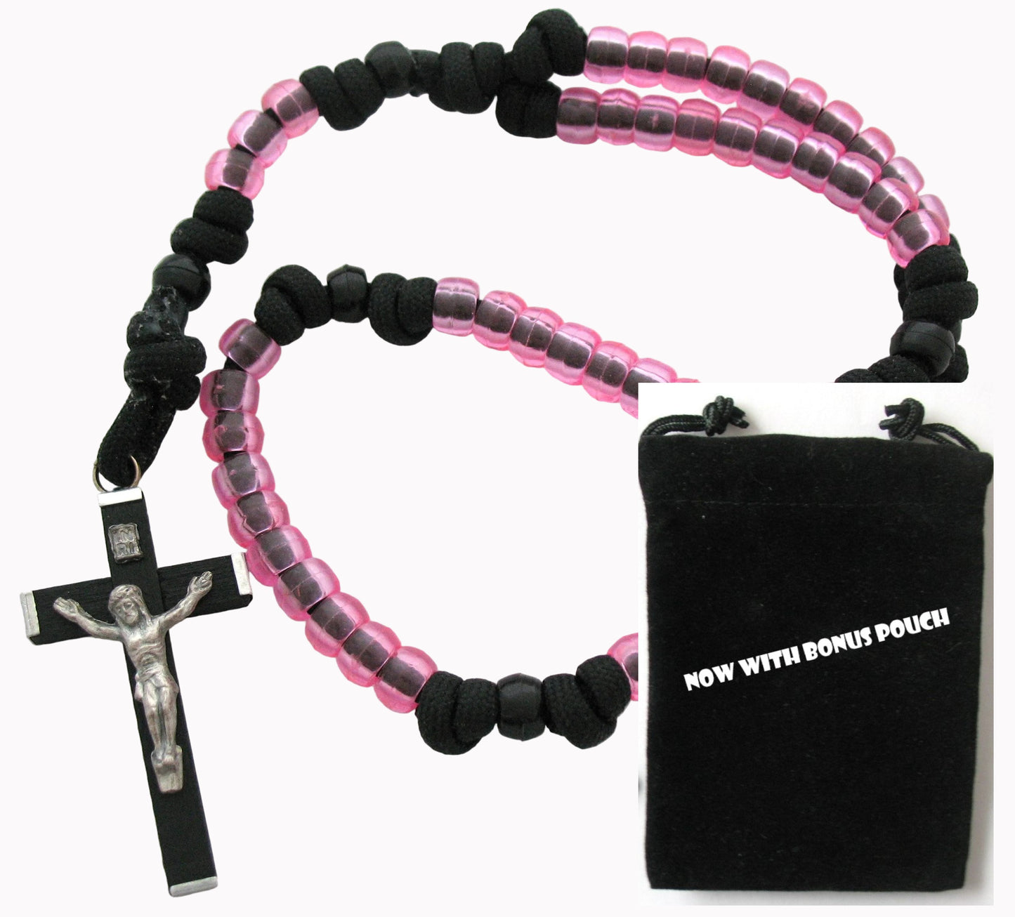 Paracord Rosary with Black Wood / Metal Crucifix & Bonus Pouch- Buy 10+ for Discount