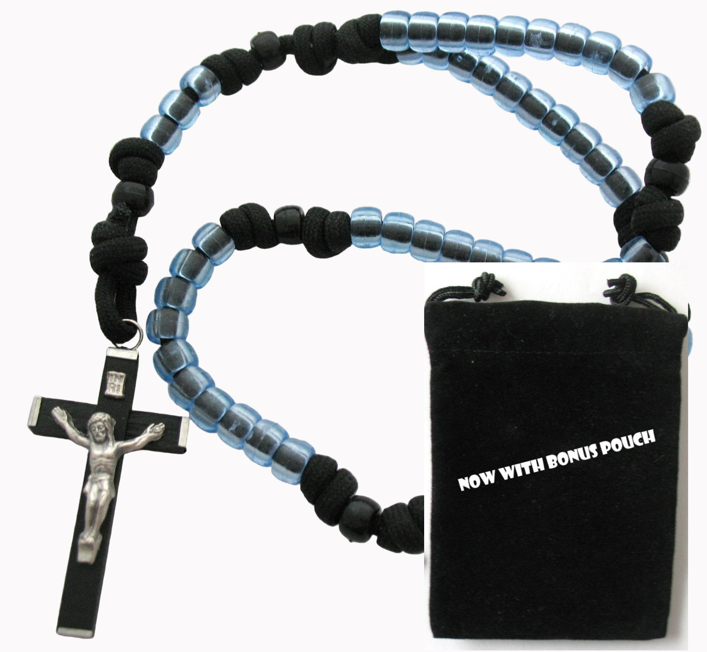 Paracord Rosary with Black Wood / Metal Crucifix & Bonus Pouch- Buy 10+ for Discount