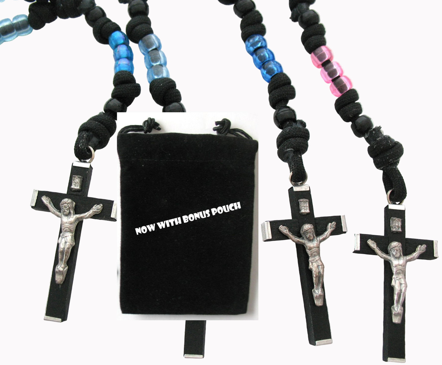 Paracord Rosary with Black Wood / Metal Crucifix & Bonus Pouch- Buy 10+ for Discount