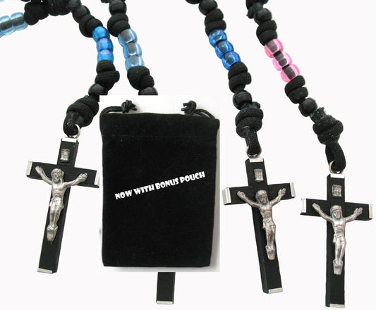 Paracord Rosary with Black Wood / Metal Crucifix & Bonus Pouch- Buy 10+ for Discount