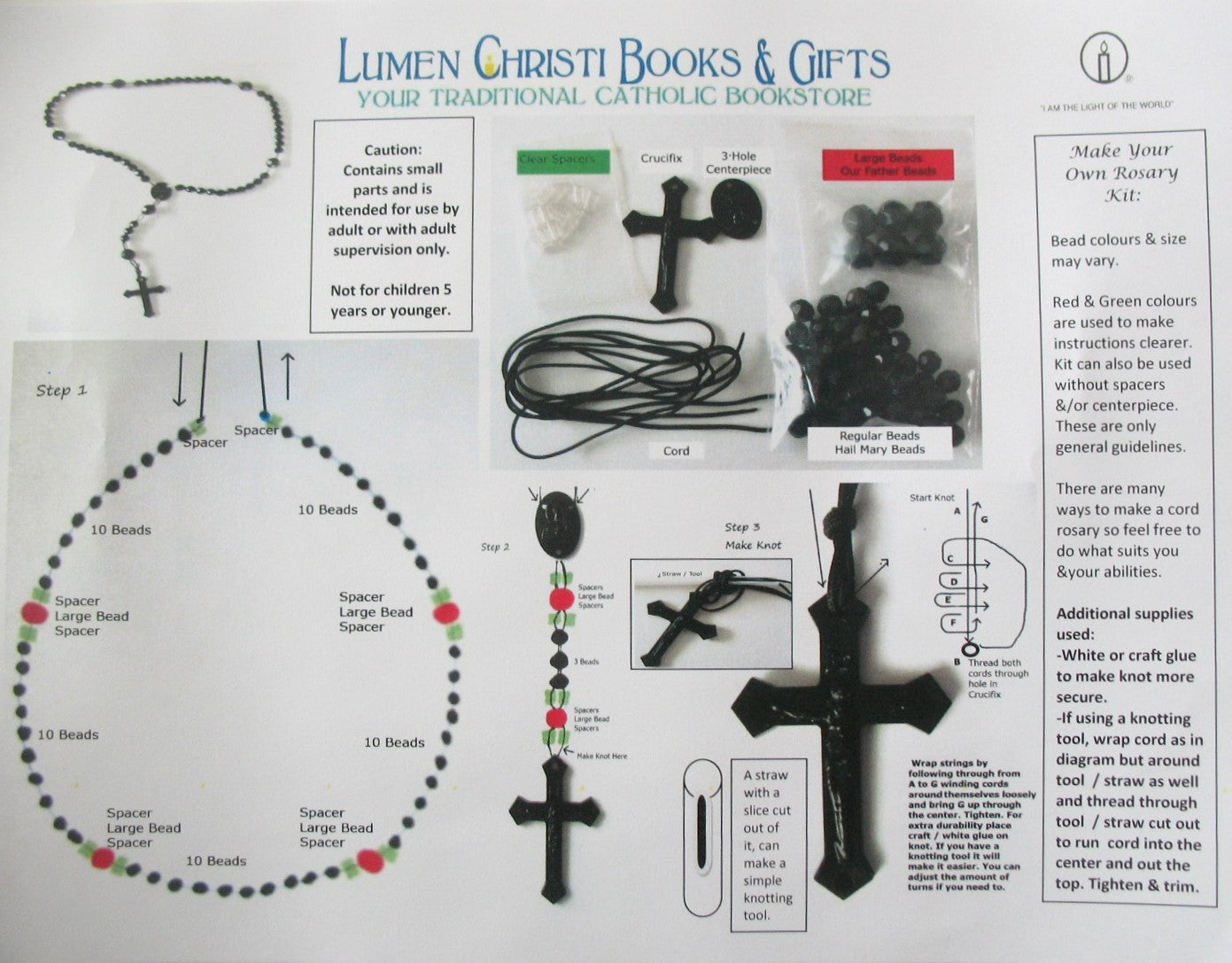 Rosary Making Kits - Black Cord, Crucifix & Center - Package of 6*