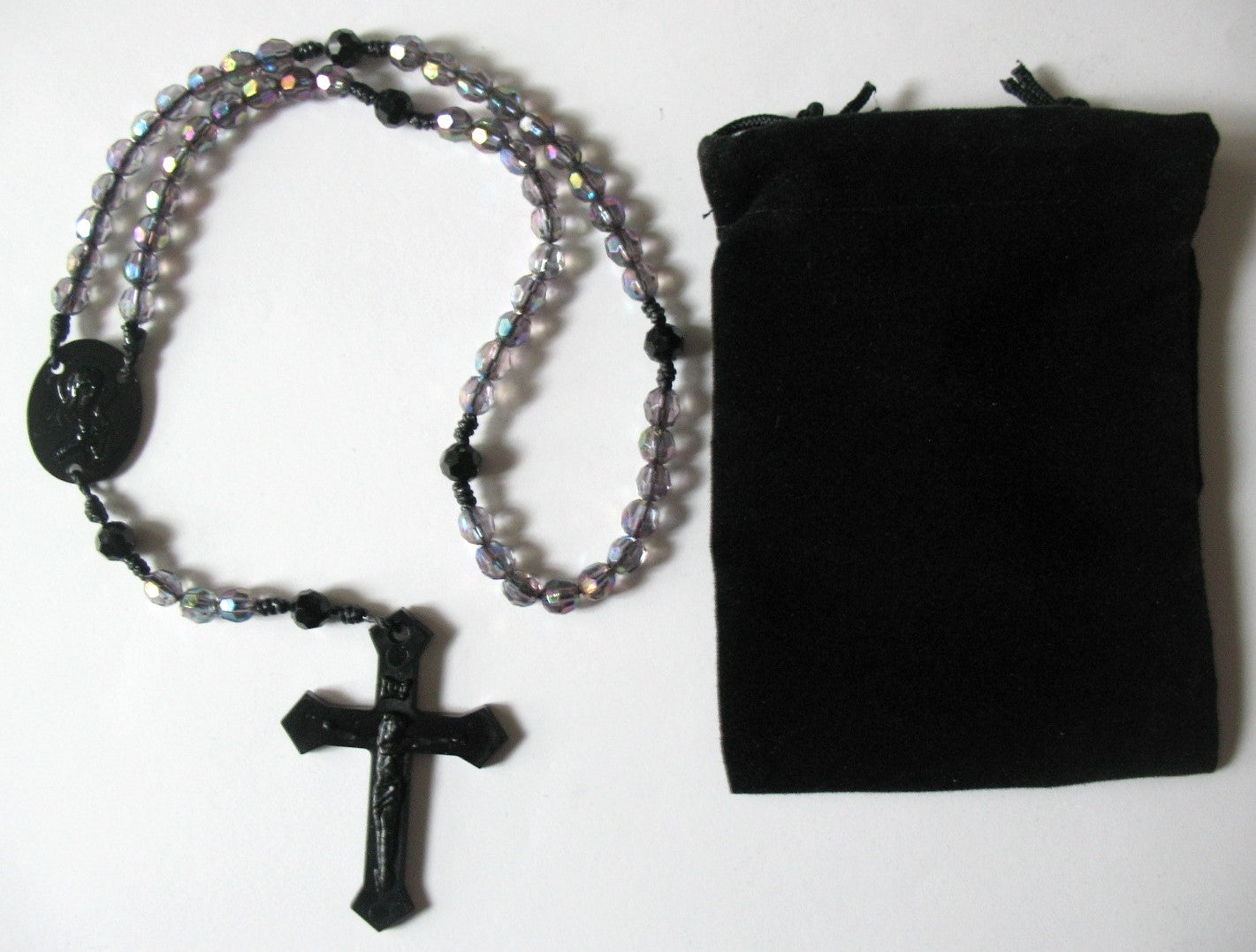 Black Cord Rosary with Acrylic Faceted Beads & Bonus Pouch