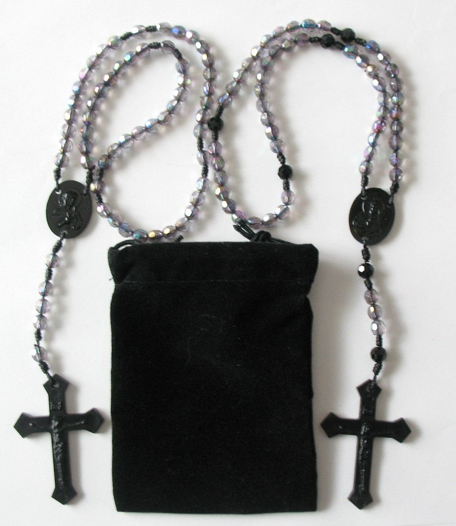 Black Cord Rosary with Acrylic Faceted Beads & Bonus Pouch