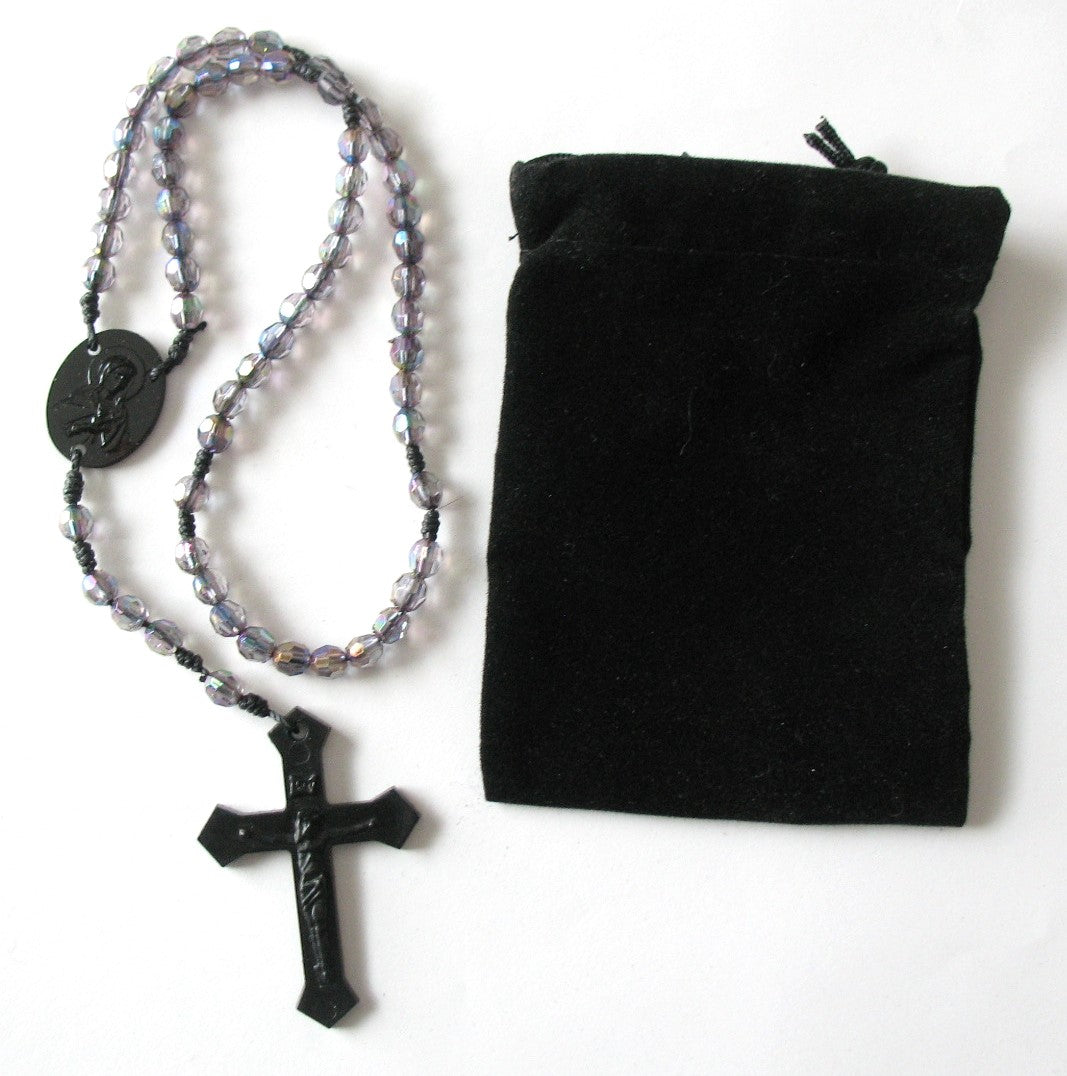 Black Cord Rosary with Acrylic Faceted Beads & Bonus Pouch