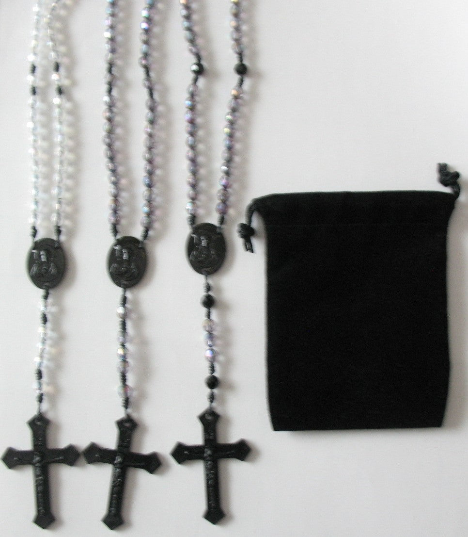 Black Cord Rosary with Acrylic Faceted Beads & Bonus Pouch- Buy All 27 for best price