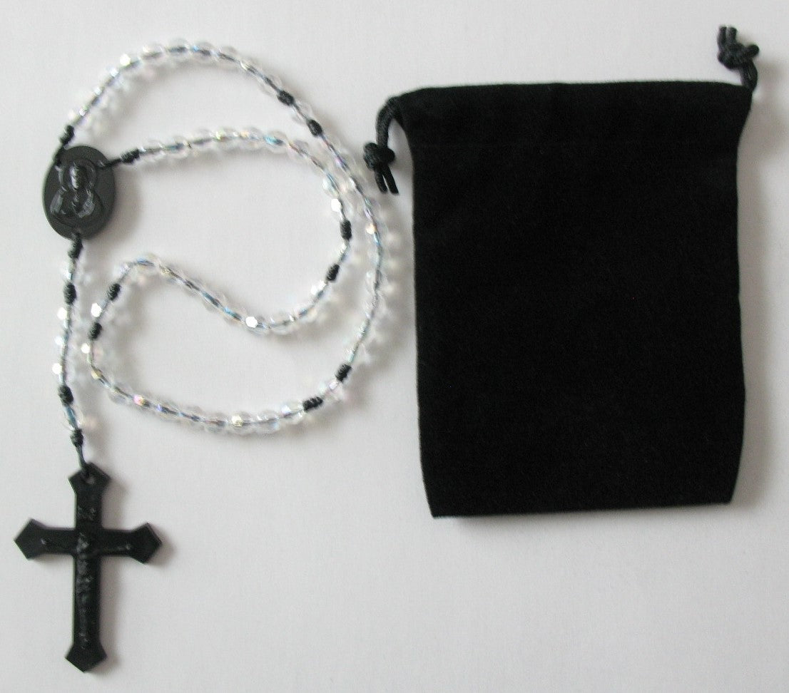 Black Cord Rosary with Acrylic Faceted Beads & Bonus Pouch- Buy All 27 for best price