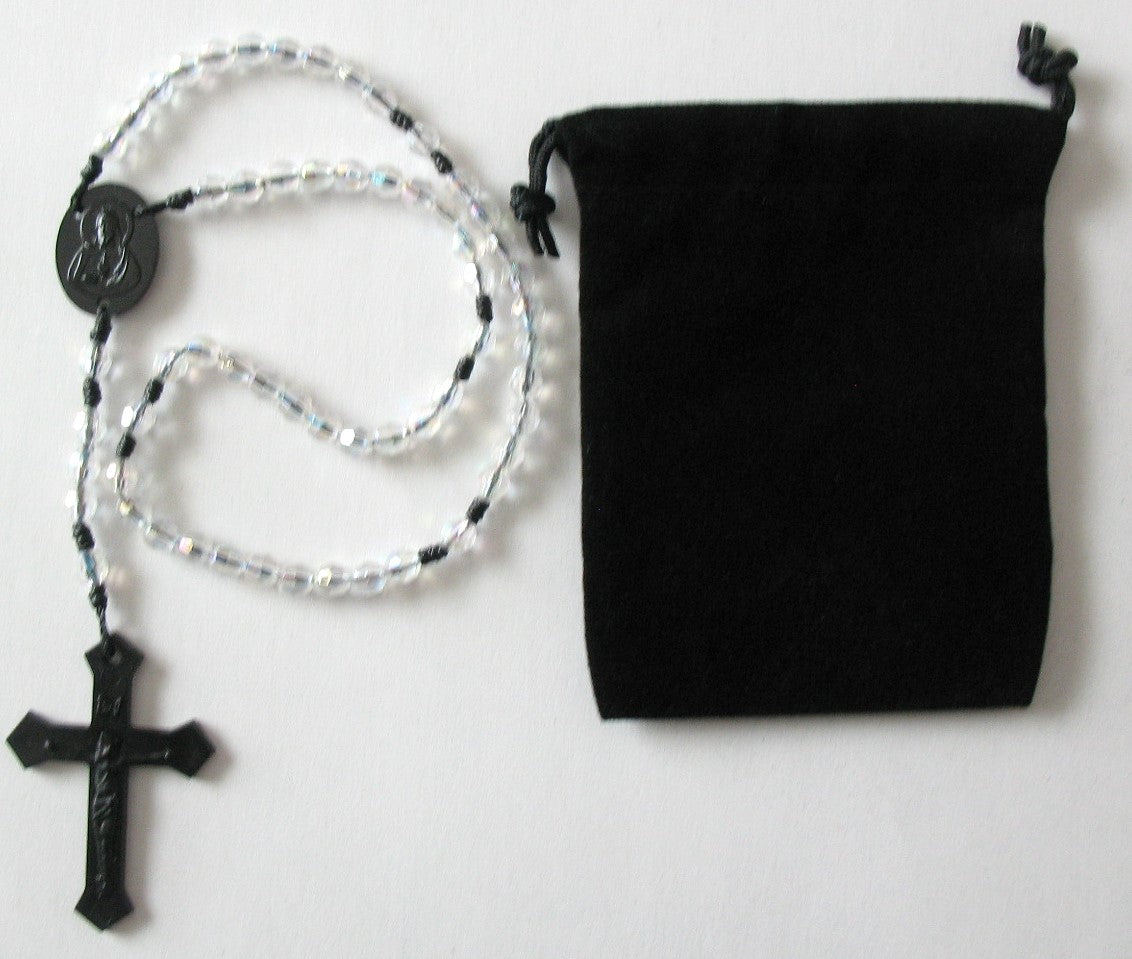 Black Cord Rosary with Acrylic Faceted Beads & Bonus Pouch- Buy All 27 for best price