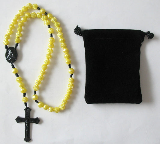 Cord Rosary - 8 mm Yellow Rose Beads with Bonus Pouch - Buy All 10 for Best Price