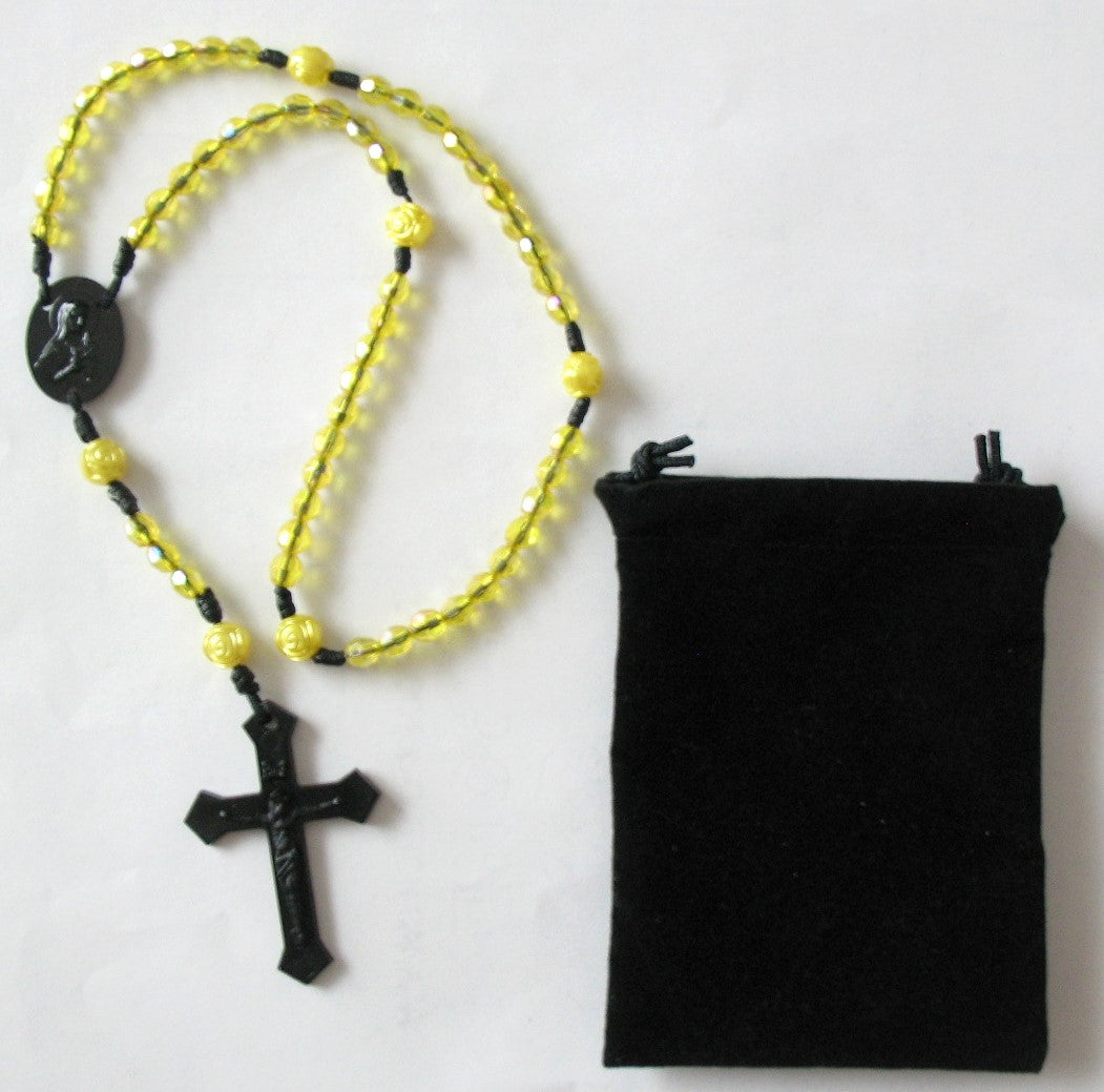 Black Cord Rosary with 6mm Acrylic Faceted Beads & Bonus Pouch- Buy 25 or more for best price