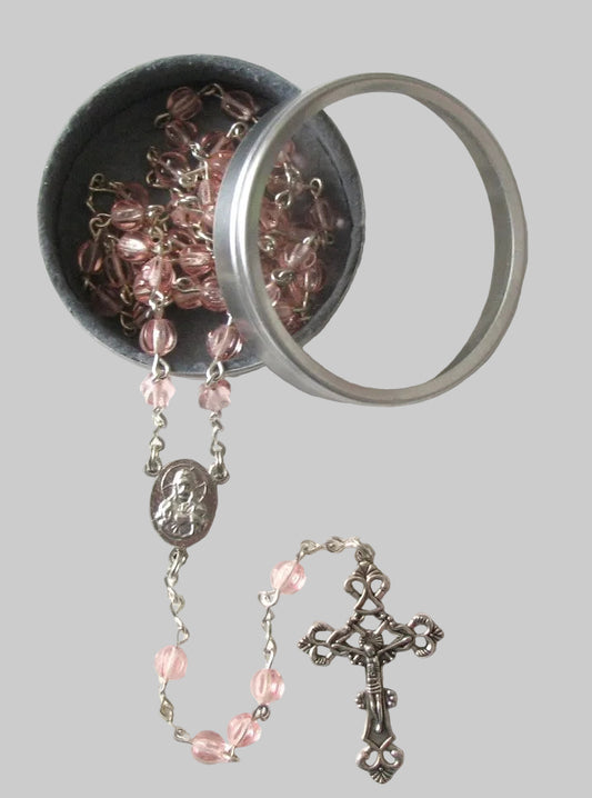 Rose Pink Chain Rosary in Bonus Felt-lined Tin