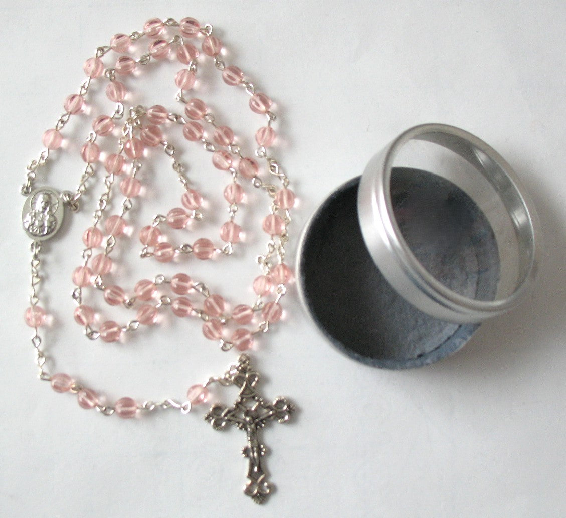 Rose Pink Chain Rosary in Bonus Felt-lined Tin