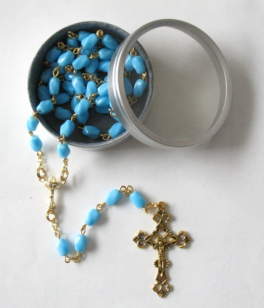 Light Blue Glass Rosary with Chalice Centerpiece