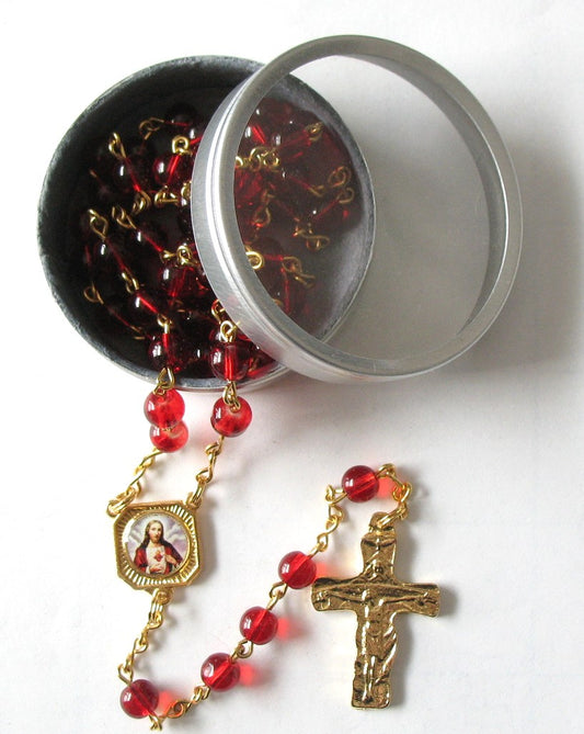 Red Chain Rosary in Bonus Felt-lined Tin