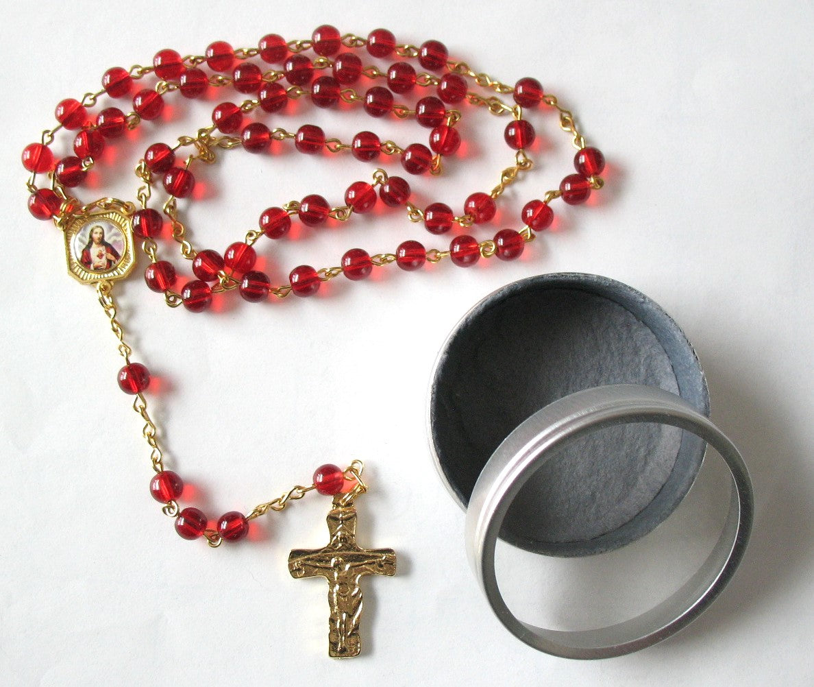Red Chain Rosary in Bonus Felt-lined Tin