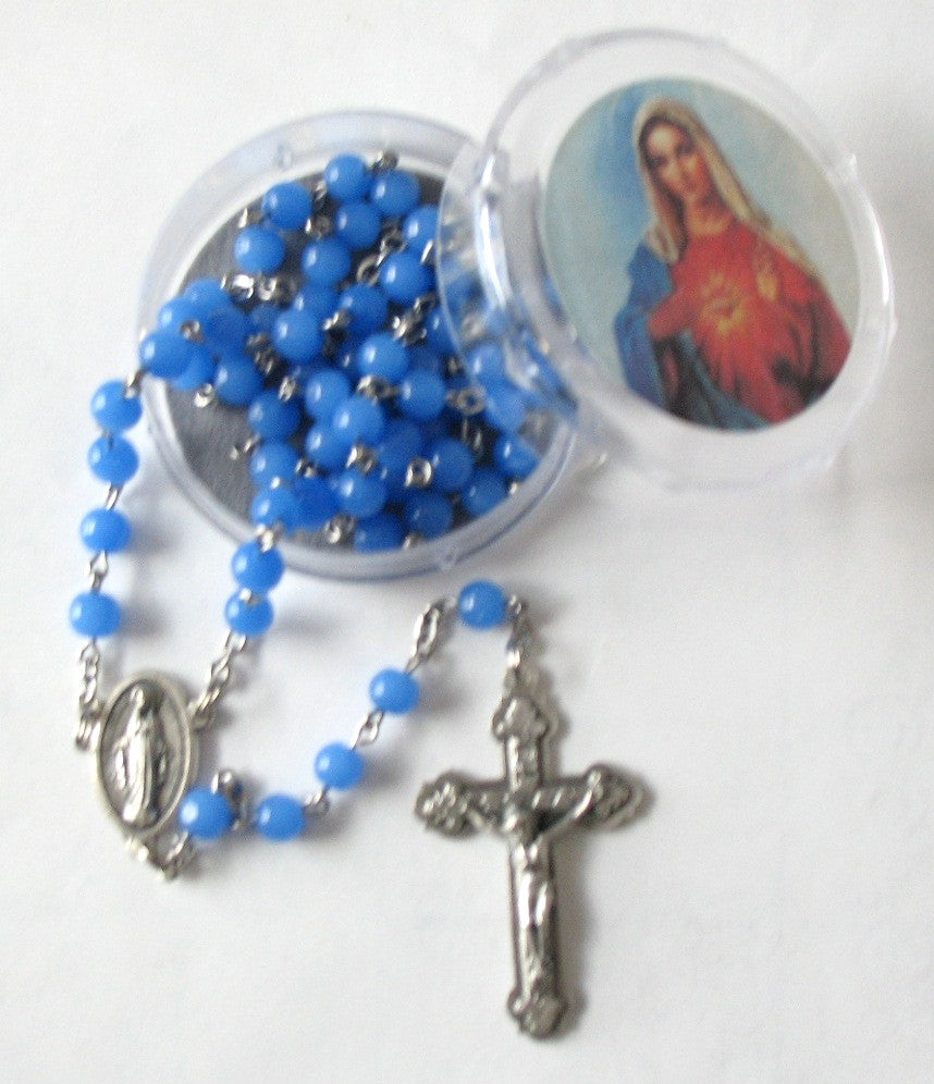 Blue Chain Rosary with Miraculous Medal Center in Bonus Plastic Case