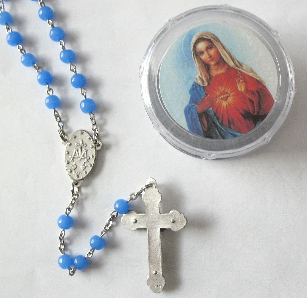 Blue Chain Rosary with Miraculous Medal Center in Bonus Plastic Case