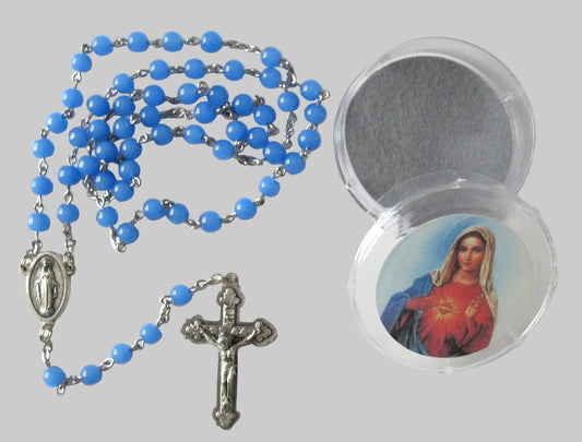 Blue Chain Rosary with Miraculous Medal Center in Bonus Plastic Case