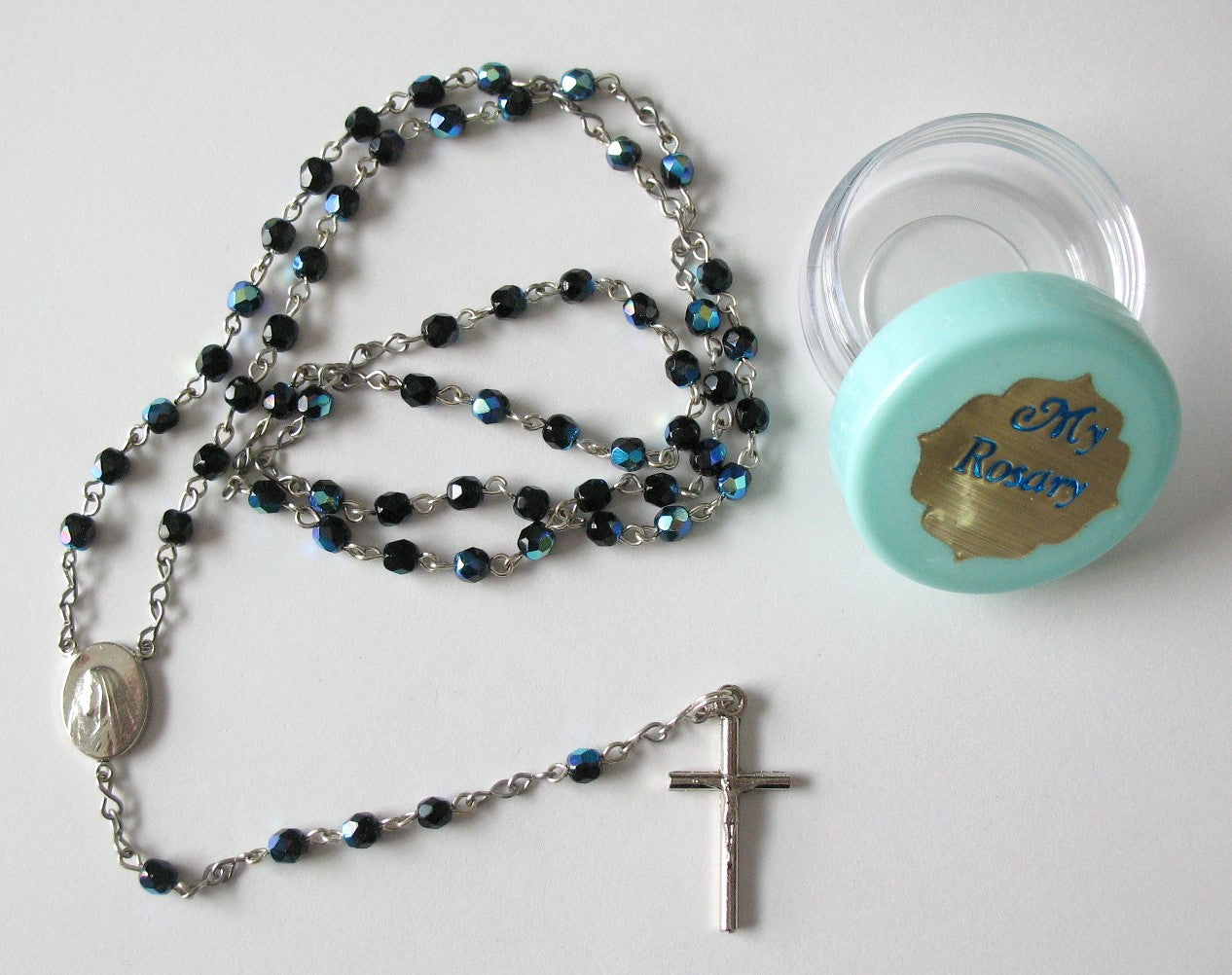Chain Rosary with Small Black Aurora Borealis Beads