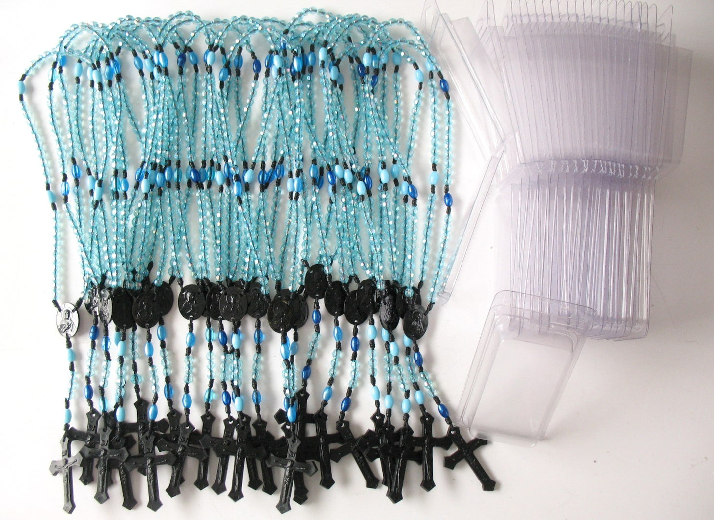 Bulk Package of 25 Black Cord Rosaries with 6mm Acrylic Faceted Beads & 25 Clamshells