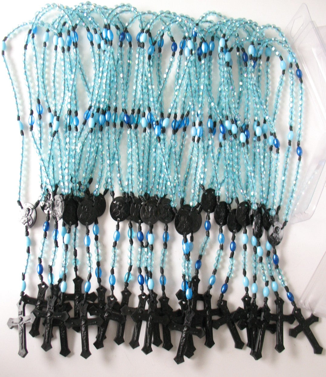 Bulk Package of 25 Black Cord Rosaries with 6mm Acrylic Faceted Beads & 25 Clamshells