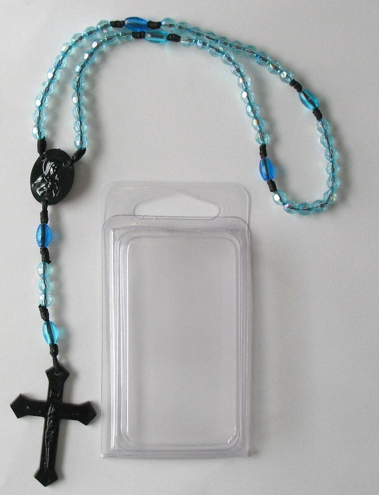 Bulk Package of 25 Black Cord Rosaries with 6mm Acrylic Faceted Beads & 25 Clamshells