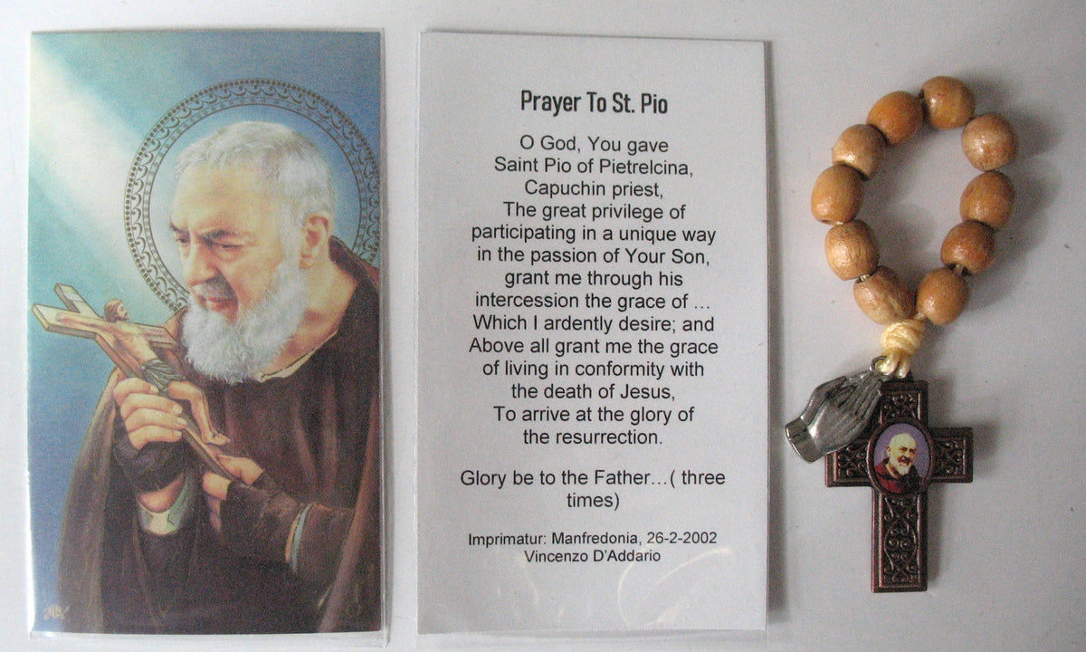 St. Pio Cross One-decade Pocket Rosary with Praying Hands Charm & Paper Prayercard