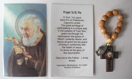 St. Pio Cross One-decade Pocket Rosary with Praying Hands Charm & Paper Prayercard