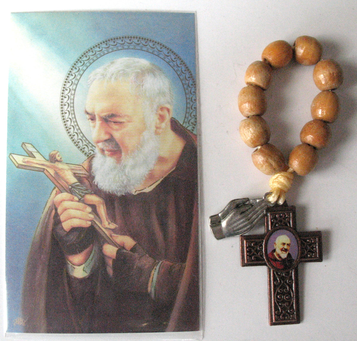 St. Pio Cross One-decade Pocket Rosary with Praying Hands Charm & Paper Prayercard