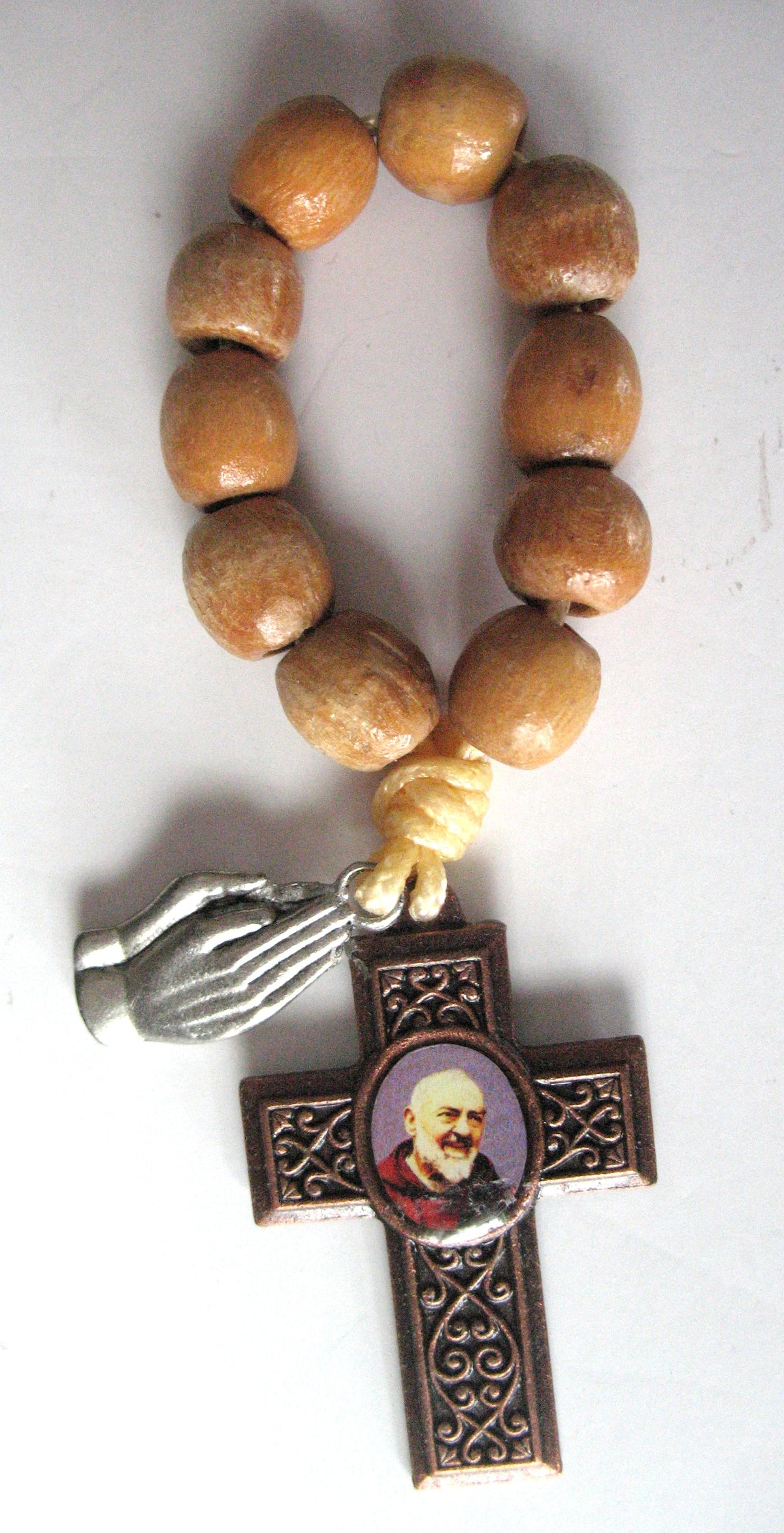 St. Pio Cross One-decade Pocket Rosary with Praying Hands Charm & Paper Prayercard