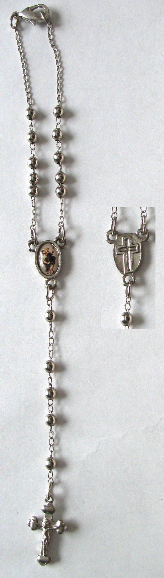 Car Rosary - Chain with St. Christopher Center and Tiny Metal Beads