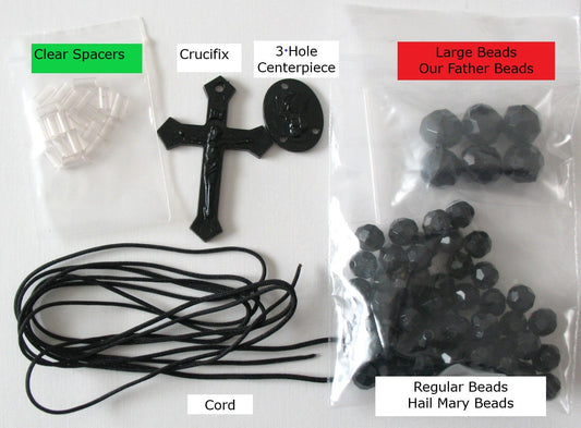 Rosary Making Kits - Black Cord, Crucifix & Center - Package of 6*