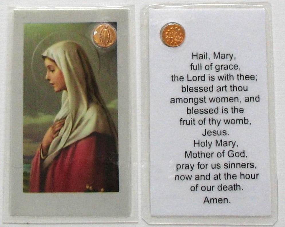 Mini Laminated Prayercard with Embedded Miraculous Medal - Hail Mary