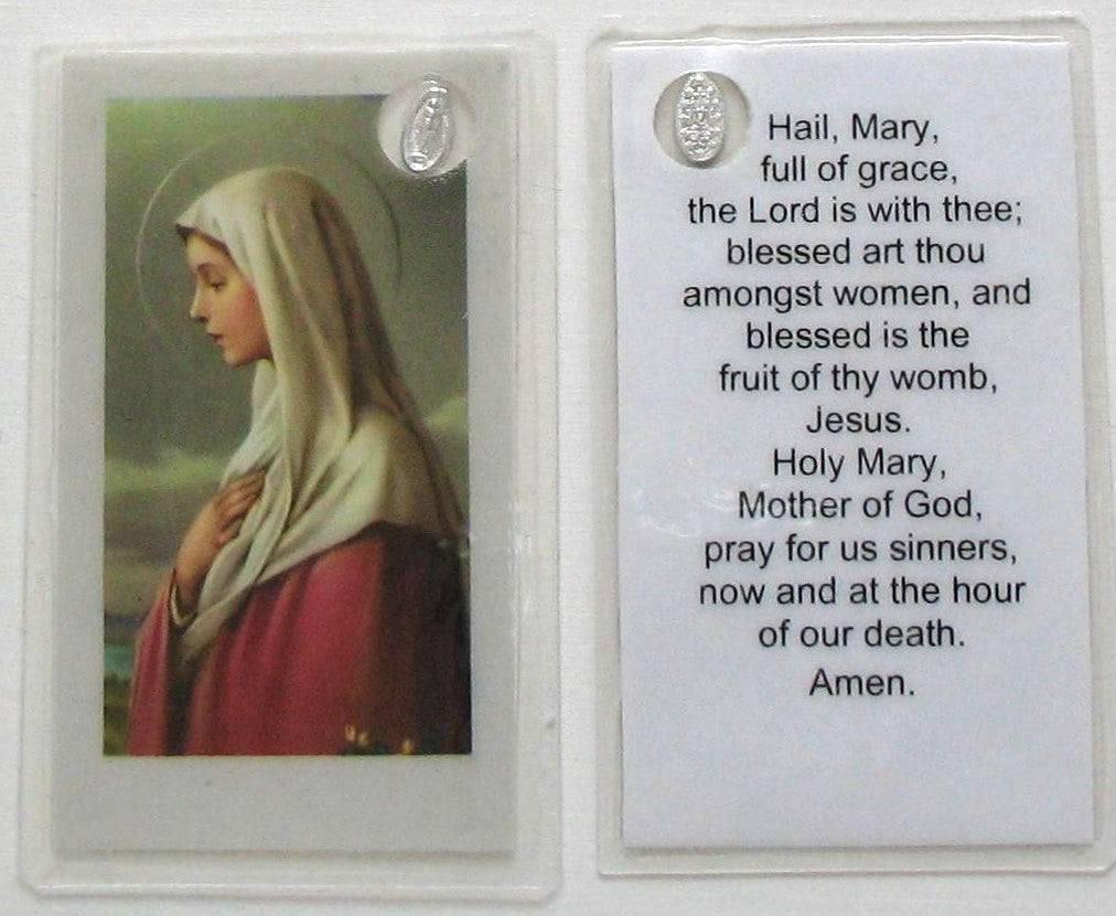 Mini Laminated Prayercard with Embedded Miraculous Medal - Hail Mary