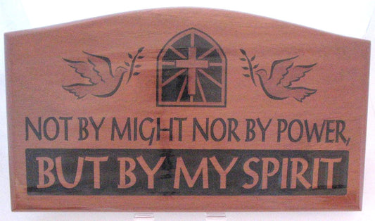 Solid Mahogany Carved Wood Plaque - Not By Might Nor By Power