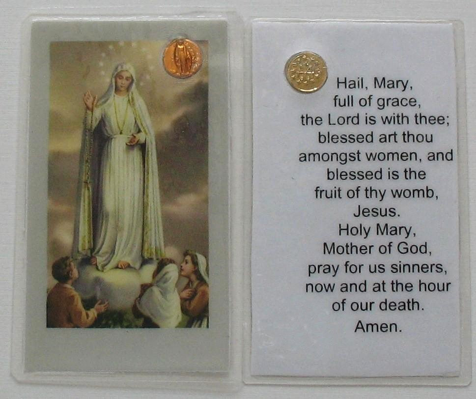 Mini Laminated Prayercard with Embedded Miraculous Medal - Hail Mary