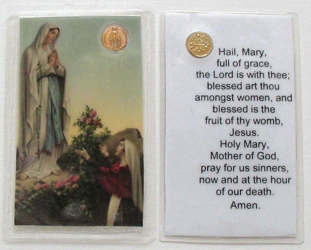 Mini Laminated Prayercard with Embedded Miraculous Medal - Hail Mary