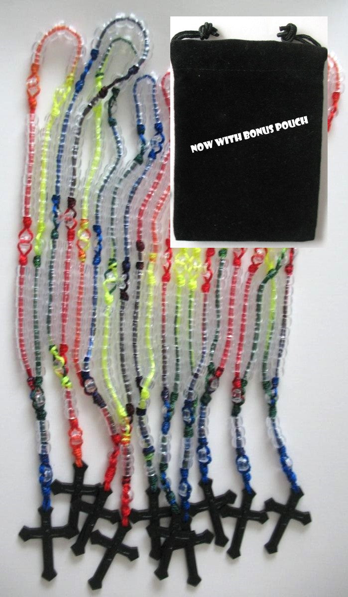 Multi-Colour Cord Rosary with Clear Beads with BONUS POUCH - BUY ALL for extra discount!