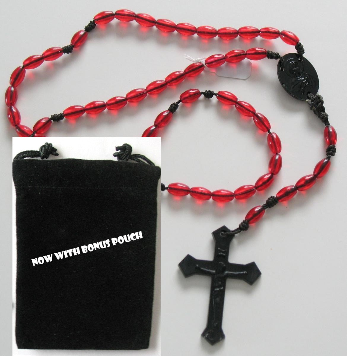 Black Cord Rosary with Plastic Beads & Bonus Pouch