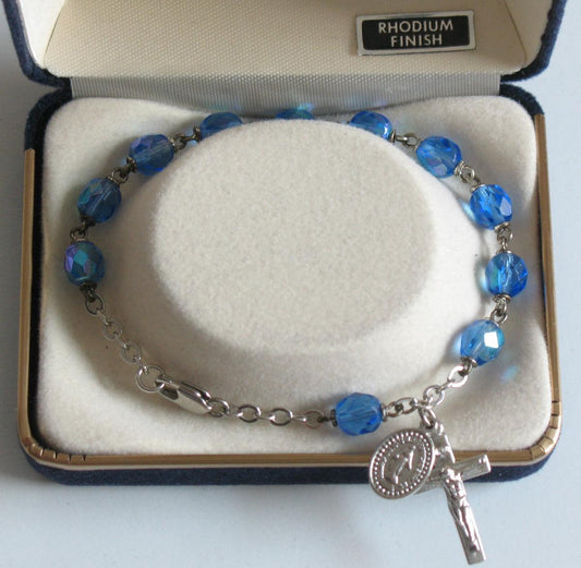 Rosary Bracelet - Aurora Borealis Sapphire - Rhodium Plated