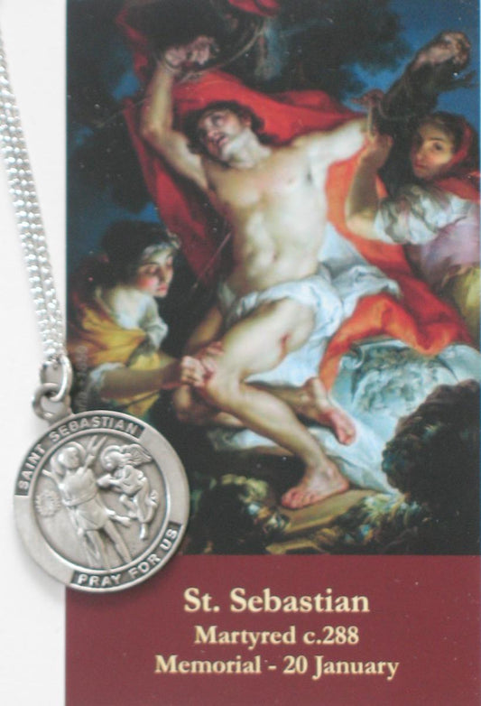 St. Sebastian Pewter Medal with Chain and Prayer Card