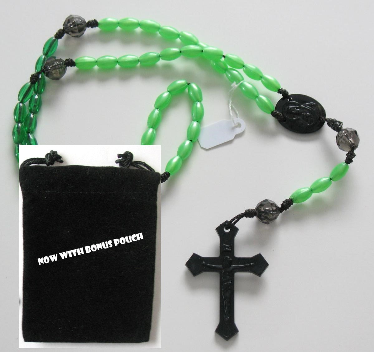 Black Cord Rosary with Plastic Beads & Bonus Pouch