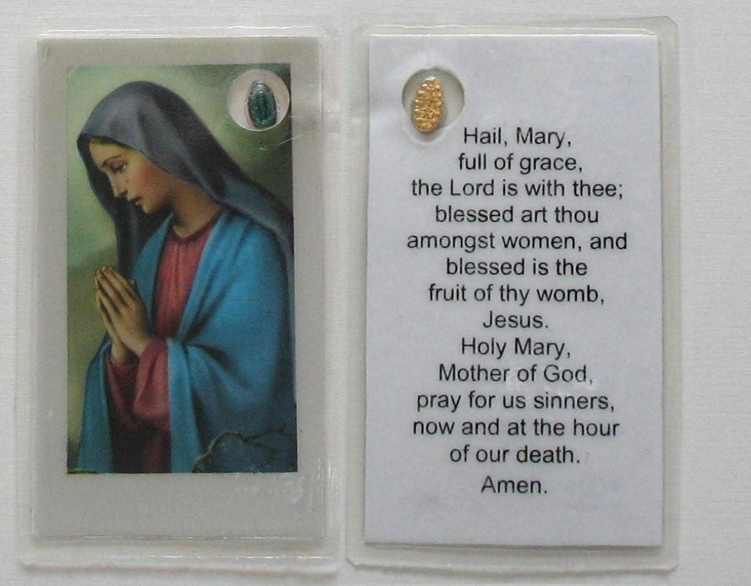 Mini Laminated Prayercard with Embedded Miraculous Medal - Hail Mary