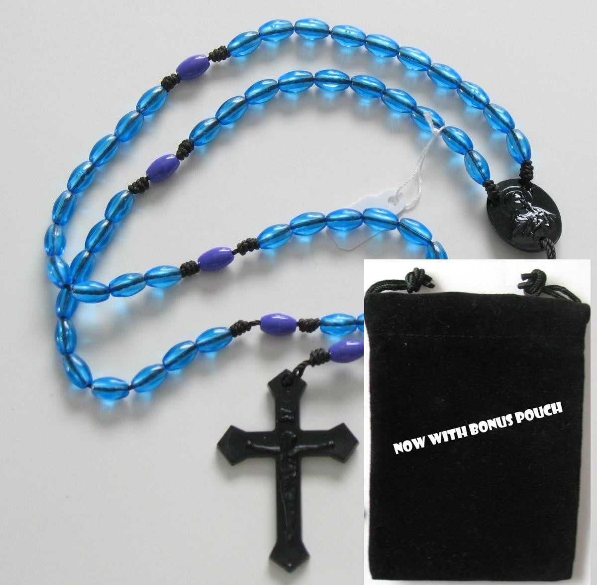 Black Cord Rosary with Plastic Beads & Bonus Pouch