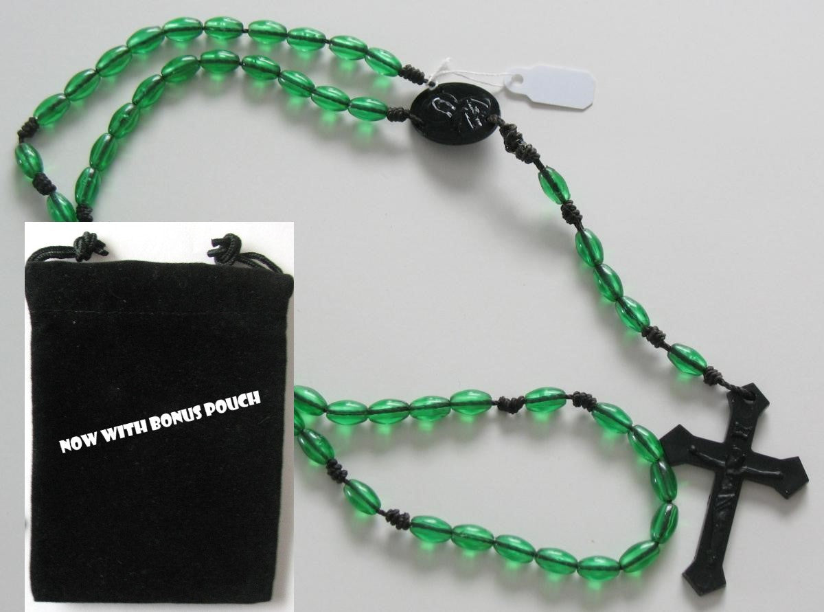 Black Cord Rosary with Plastic Beads & Bonus Pouch