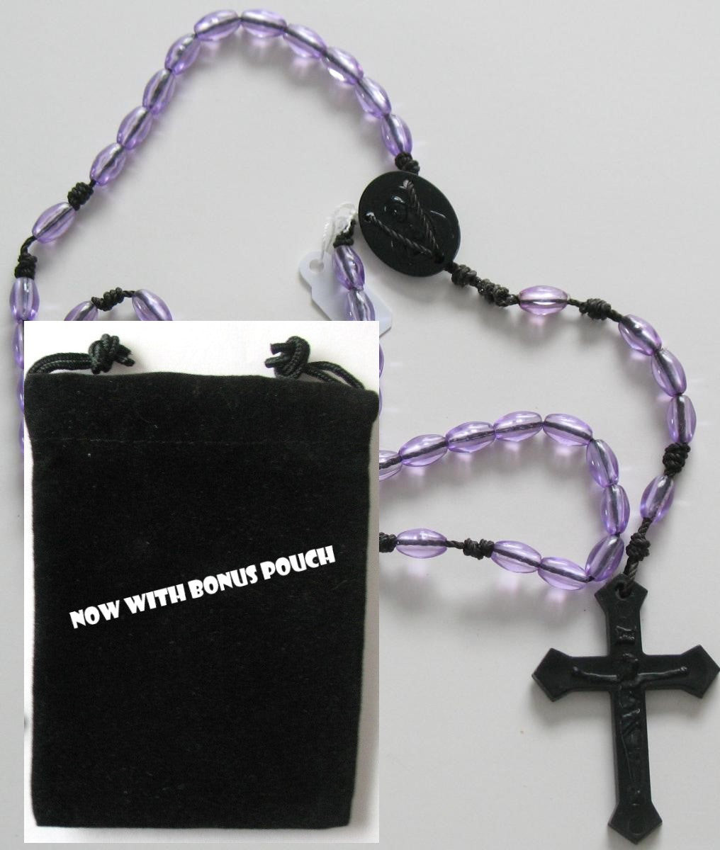 Black Cord Rosary with Plastic Beads & Bonus Pouch
