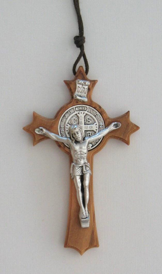 St. Benedict Crucifix Olive Wood Necklace 30"
