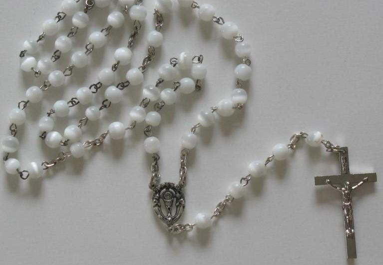 Rosary - White Cat's Eye Beads with Chalice Center