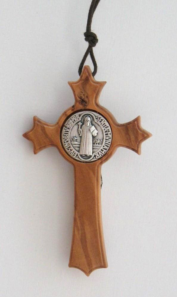 St. Benedict Crucifix Olive Wood Necklace 30"