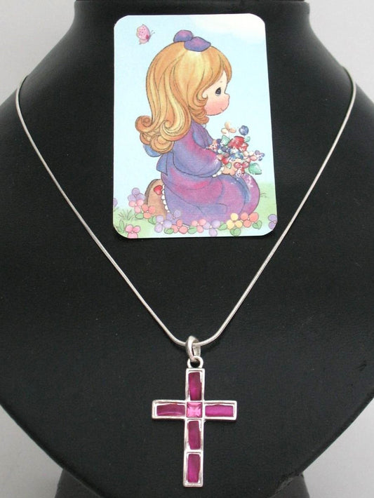 Pink Cross Necklace with Precious Moments Communion Remembrance Card