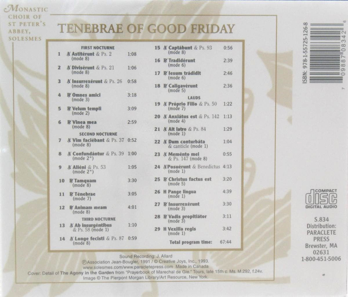 Gregorian Chant - Tenebrae Of Good Friday - Music CD